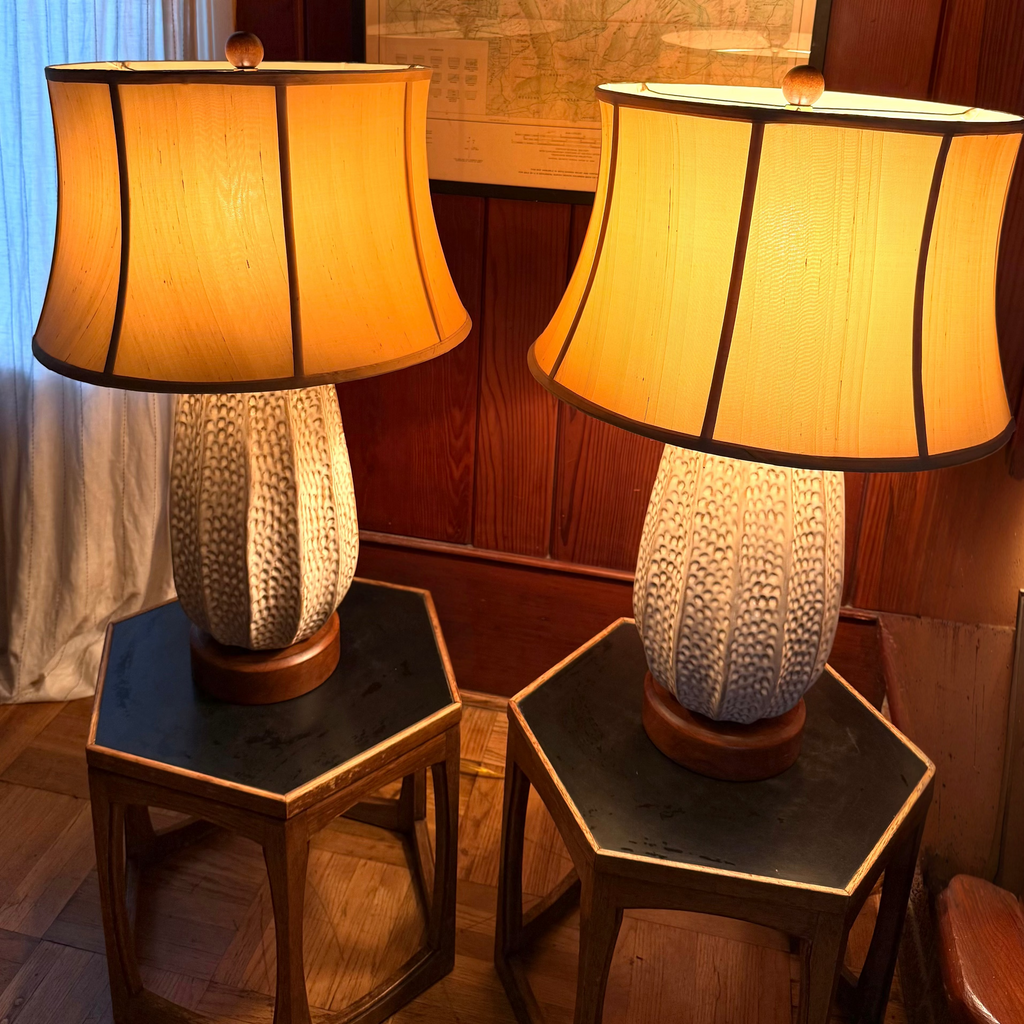 Large Pair of Ceramic + Wood Table Lamps