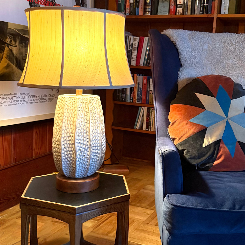 Large Pair of Ceramic + Wood Table Lamps