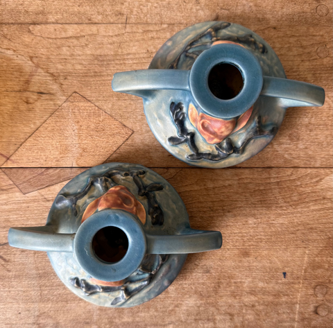 Blue Roseville candle holders