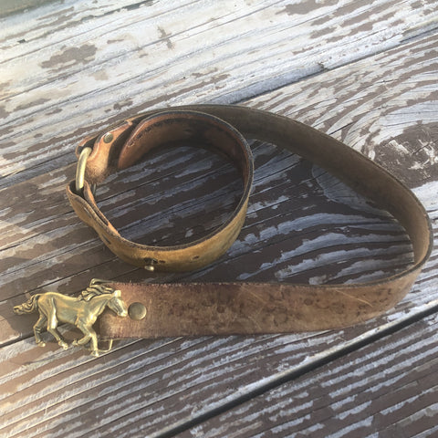horse belt buckle with vintage leather strap 